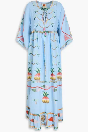 Farm Rio Maxikleid aus einer Leinenmischung mit Verzierung - Blau - S