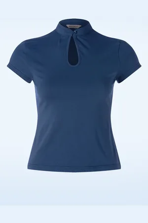 Banned Retro Mandarin Top mit Stehkragen in Marineblau