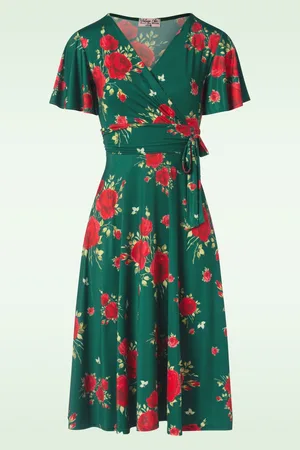 Vintage Chic Irene Flower Cross Over Swing Kleid in Seide Grün