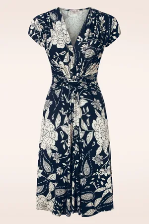 Vintage Chic Suki Knotted Floral Swing Kleid in Marineblau und Off White