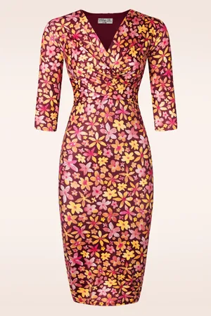 Vintage Chic Eliza Floral Slinky Etuikleid in Weinrot