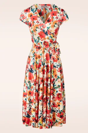 Vintage Chic Layla Floral Watercolour Cross Over Kleid in Creme und Multi