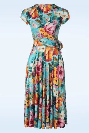 Vintage Chic Layla Floral Cross Over Swing Kleid in Türkis und Multi