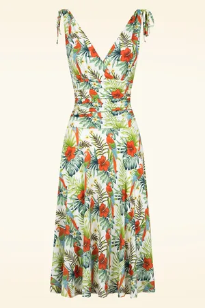 Vintage Chic Grecian Tropical Papageien Kleid in Weiß und Multi.