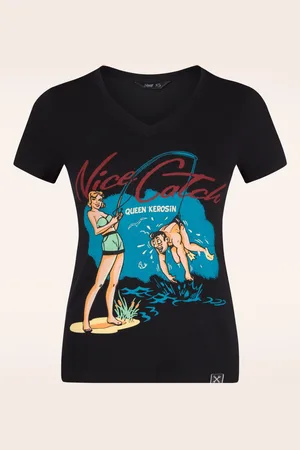 Queen Kerosin Nice Catch T-Shirt in Schwarz