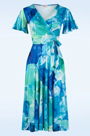 Vintage Chic Irene Watercolour Cross Over Swing Kleid in Blau