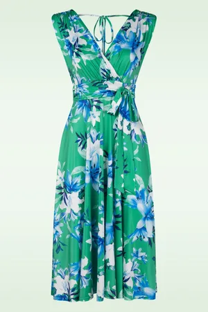 Vintage Chic Jane Lily Swing Kleid in Grün und Blau.