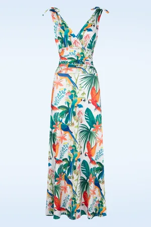 Vintage Chic Grecian Tropical Papagei Maxikleid in Weiß und Multi