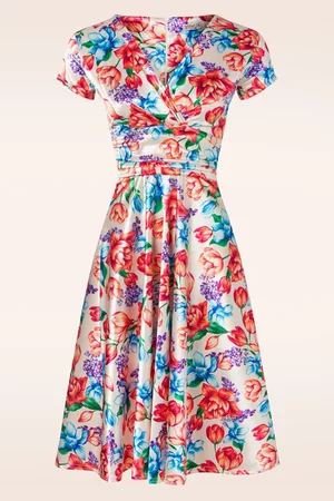 Vintage Chic Caroline Floral Swing Kleid in Creme und Multi