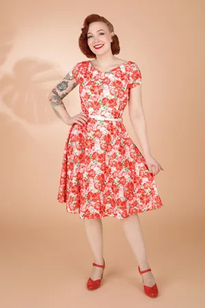 Vintage Chic Ronanda Swing-Kleid mit Blumenmuster in Weiß und Rot