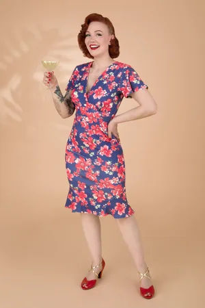Vintage Chic Katie Blumen Bleistiftkleid in Marine und Rot