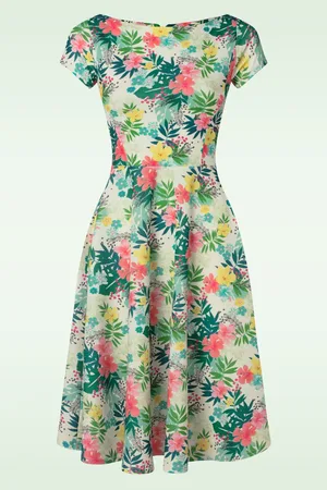 Vintage Chic Blythe Hibiscus Floral Swing Kleid in Weiß und Multi