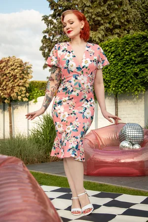 Vintage Chic Katie Floral Etuikleid in Pfirsich