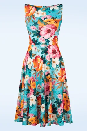 Vintage Chic Cindi Bouquet Swing Kleid in Blau und Multi