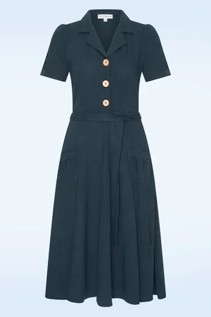 Very Cherry Revers Leinen Midikleid in Marino Blau