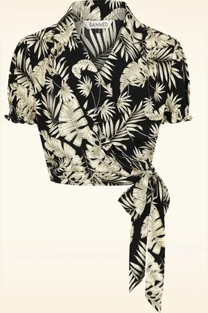 Banned Retro Yvette Wickelbluse in Schwarz und Zartgelb.