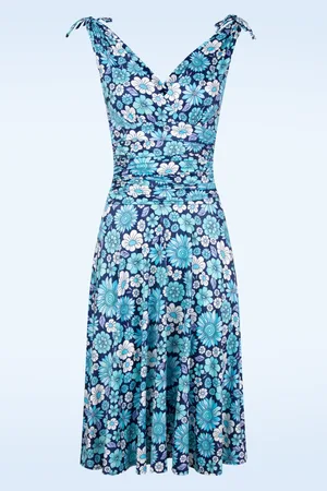 Vintage Chic Grecian Floral Swing Kleid in Blau.