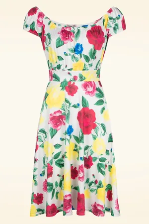 Vintage Chic Scarlet Floral Swing Kleid in Weiß und Multi