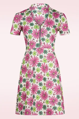 Vintage Chic Daisy Retro Flower Kleid in Rosa und Grün.