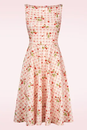 Vintage Chic Cindi Strawberry Gingham Swing Kleid in Off White und Rosa