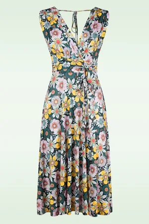 Vintage Chic Jane Floral Swing Kleid in Schwarz und Multi