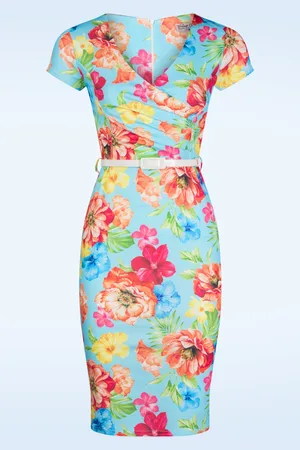 Vintage Chic Abigail Tropical Etuikleid in Hellblau und Multi