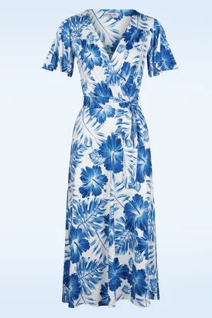 Vintage Chic Brooke Floral Cross Over Swing Kleid in Weiß und Blau.