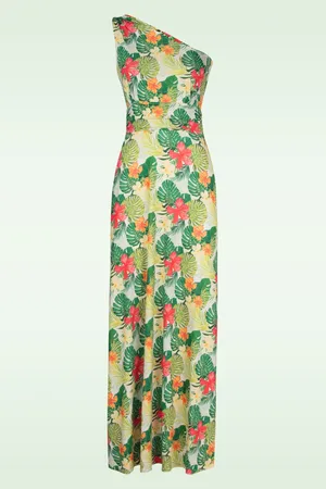 Vintage Chic Olga Tropical Leaves One Shoulder Maxikleid in Grün