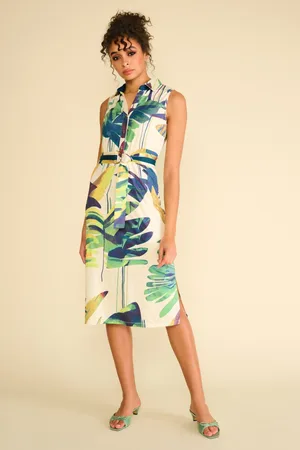 K-design Lillian Leave Print Midikleid in Creme und Grün