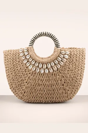 Smashed Lemon Raffia Shell Boho Tasche in Sand.