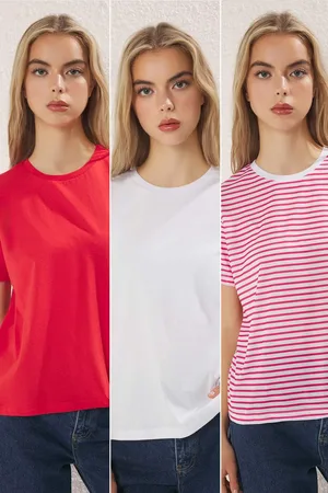 Trendyol Gestreift- Einfarbig-weiß Einfarbig 3er-pack Regular Fit Strick-t-shirt für Damen - M