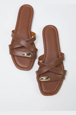 Trendyol Taba Metallverzierte Kreuzriemen Flache Stilvolle Hausschuhe für Damen - 38