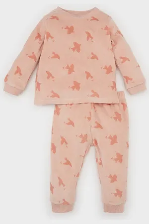 DeFacto Gemustertes Baby-pyjama-set Für Mädchen – Rundhalsausschnitt, Lange Ärmel, Velours-oberteil, Elastische Taille, Lange Hose D7166a524w für Damen - 6–9 Monate