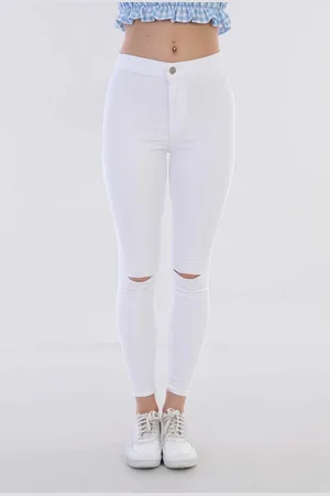 BİKELİFE Weiße Leggings Aus Lycra Mit Hoher Taille Und Zerrissenen Details für Damen - XL