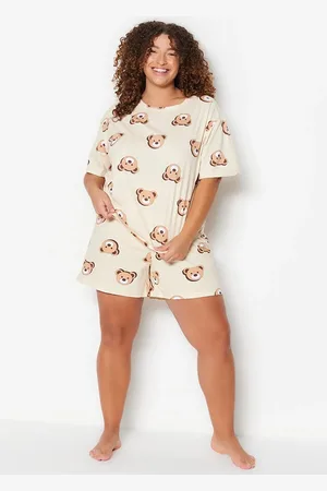 Trendyol Ecrufarbenes Pyjama-set Aus Baumwollstrick Mit Teddybär-aufdruck für Damen - 3XL