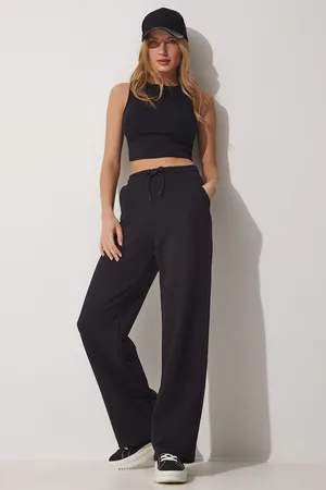 Happiness istanbul Schwarze, Lockere, Gestrickte Jogginghose Mit Weitem Bein für Damen - 42