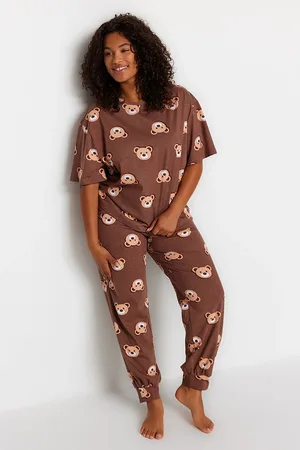 Trendyol Braunes Pyjama-set Aus Strick Mit Teddybär-muster für Damen - 3XL