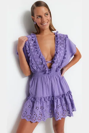 Trendyol Fliederfarbenes, Gewebtes Mini-strandkleid Aus 100 % Baumwolle Mit Detaillierten Details für Damen - 42