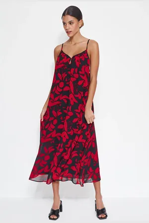 Trendyol Rotes, Gerade Geschnittenes Maxikleid Aus Gewebtem Chiffon Mit Blumendruck Und Futter für Damen - 34