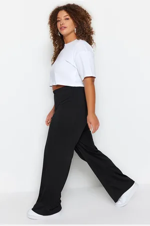 Trendyol Schwarze Gerippte Strickhose Aus Krepp Mit Hoher Taille für Damen - 2XL