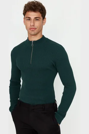 Trendyol Smaragdgrüner Cordpullover – Schmale Passform, Baumwolle, Halber Rollkragenpullover, Reißverschluss für Herren - L