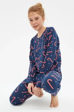 Trendyol Marineblaues Strick-pyjama-set Aus 100 % Baumwolle Mit Neujahrsmotiv für Damen - XL