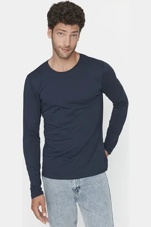 Trendyol Marineblaues Langarm-t-shirt Mit Rundhalsausschnitt Aus 100 % Baumwolle – für Herren - S