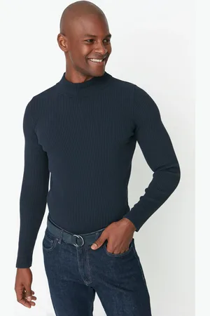 Trendyol Baumwoll-cord-strickpullover – Marineblau, Halber Rollkragenpullover, Schmale Passform für Herren - 2XL