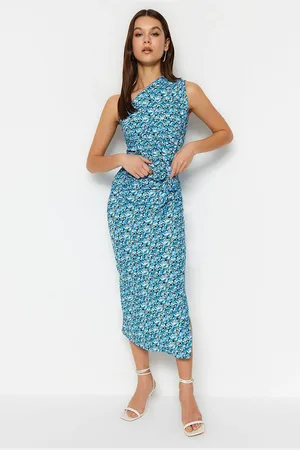 Trendyol Asymmetrisches Bleistiftkleid Mit Einer Schulter Blauer Aufdruck, Dehnbarer Strick, Degaje-details für Damen - S