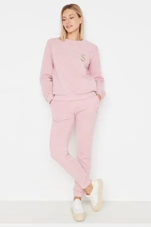 Trendyol Dried Rose – Basic-trainingsanzugset Aus Strick Mit Erhabenem Aufdruck für Damen - XL