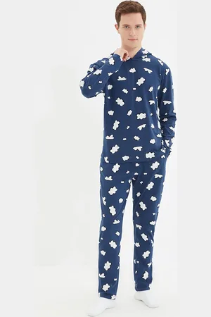 Trendyol Marineblaues, Bedrucktes Pyjama-set Mit Normaler Passform – 100 % Baumwolle, Kapuze für Herren - S