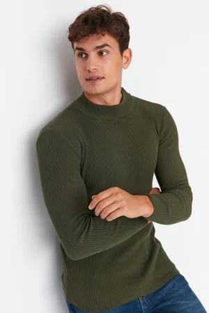 Trendyol Khakifarbener, Taillierter Baumwollpullover Mit Schmaler Passform Und Halbem Rollkragen, Gerippt, für Herren - S