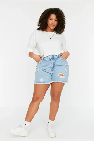 Trendyol Blaue, Zerstörte Denim-shorts Mit Hoher Taille Und Bermuda für Damen - 48