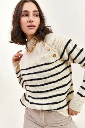Bianco Lucci Strickpullover Mit Halbem Rollkragen Und Knöpfen An Den Schultern für Damen - Standard